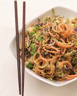 A photo of a starter, main and dessert made with raw ingredients